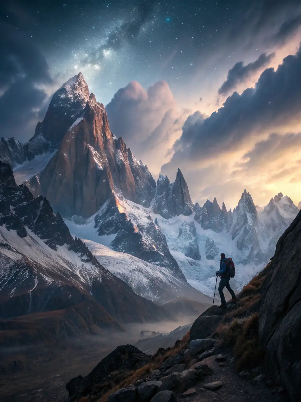 An inspiring image of a person confidently climbing a mountain, representing the journey of self-improvement and the achievement of ambitious goals through coaching at Awakened Aura Coaching.